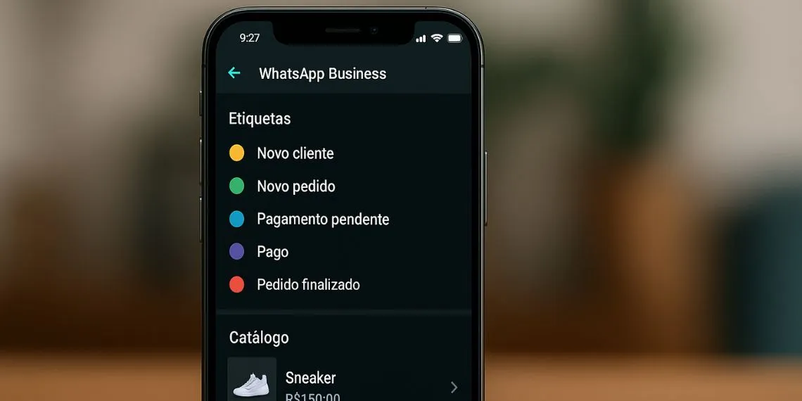 Como Ganhar Dinheiro com o WhatsApp Tela do aplicativo WhatsApp Business exibindo as opções de etiquetas e catálogo de produtos, representando o uso profissional do app para ganhar dinheiro online.