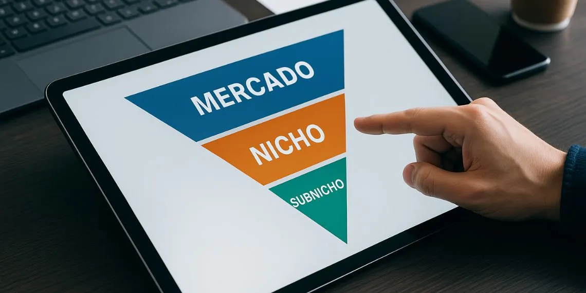 Representação visual de mercado, nicho e subnicho no marketing digital, ilustrando segmentação estratégica