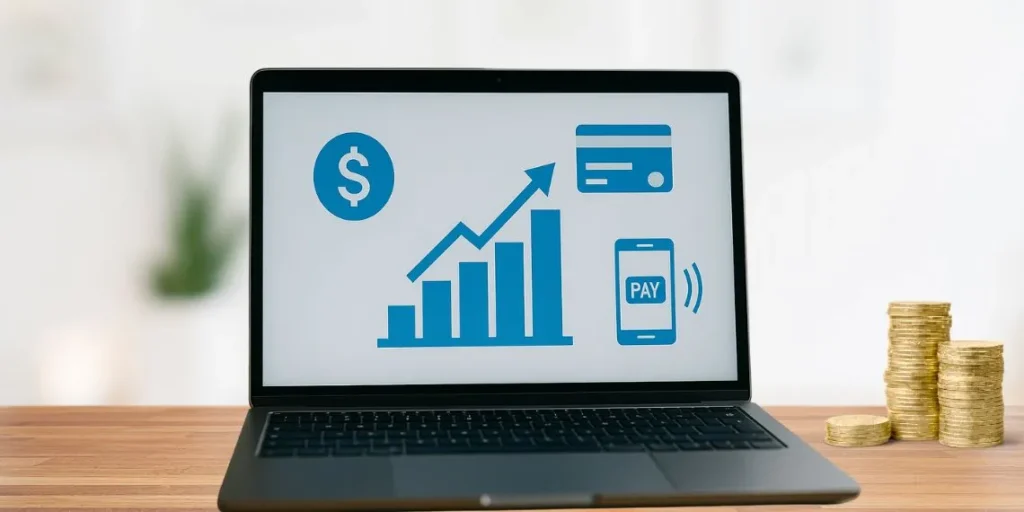 Tela de notebook exibindo ícones de dinheiro digital, cartão de crédito, smartphone com pagamento e gráfico de crescimento, ao lado de pilhas de moedas douradas, simbolizando lucros online avaliando produtos