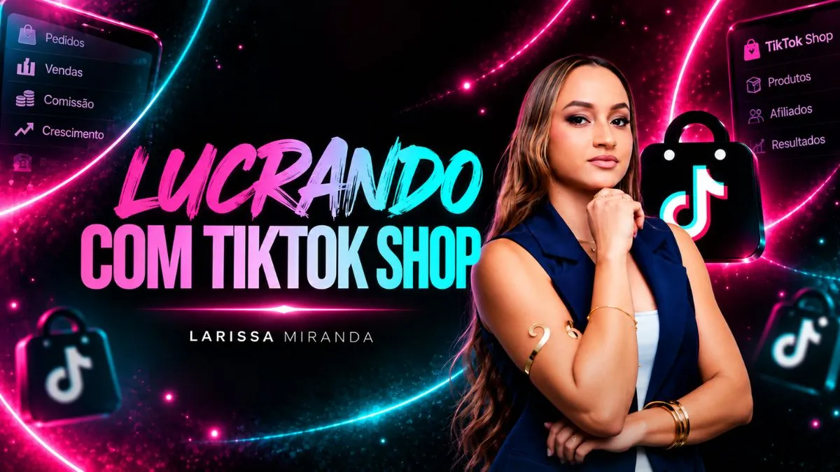 Banner do Método LTS, Lucrando com TikTok Shop, com Larissa Miranda e elementos visuais da plataforma.